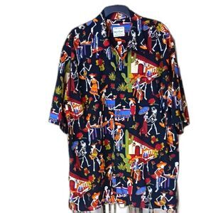 Button Down Shirt Short Sl "Day Of The Dead." David Carey Orig Multi-C Men's 2XL